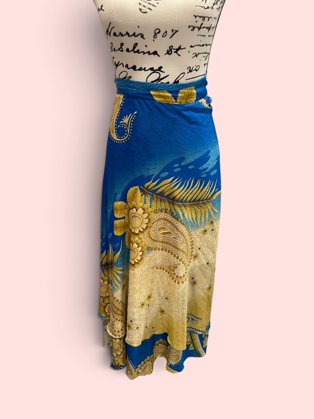 Vintage 90s Hawaiian silk blend wrap skirt layered ocean aqua sunflower paisley